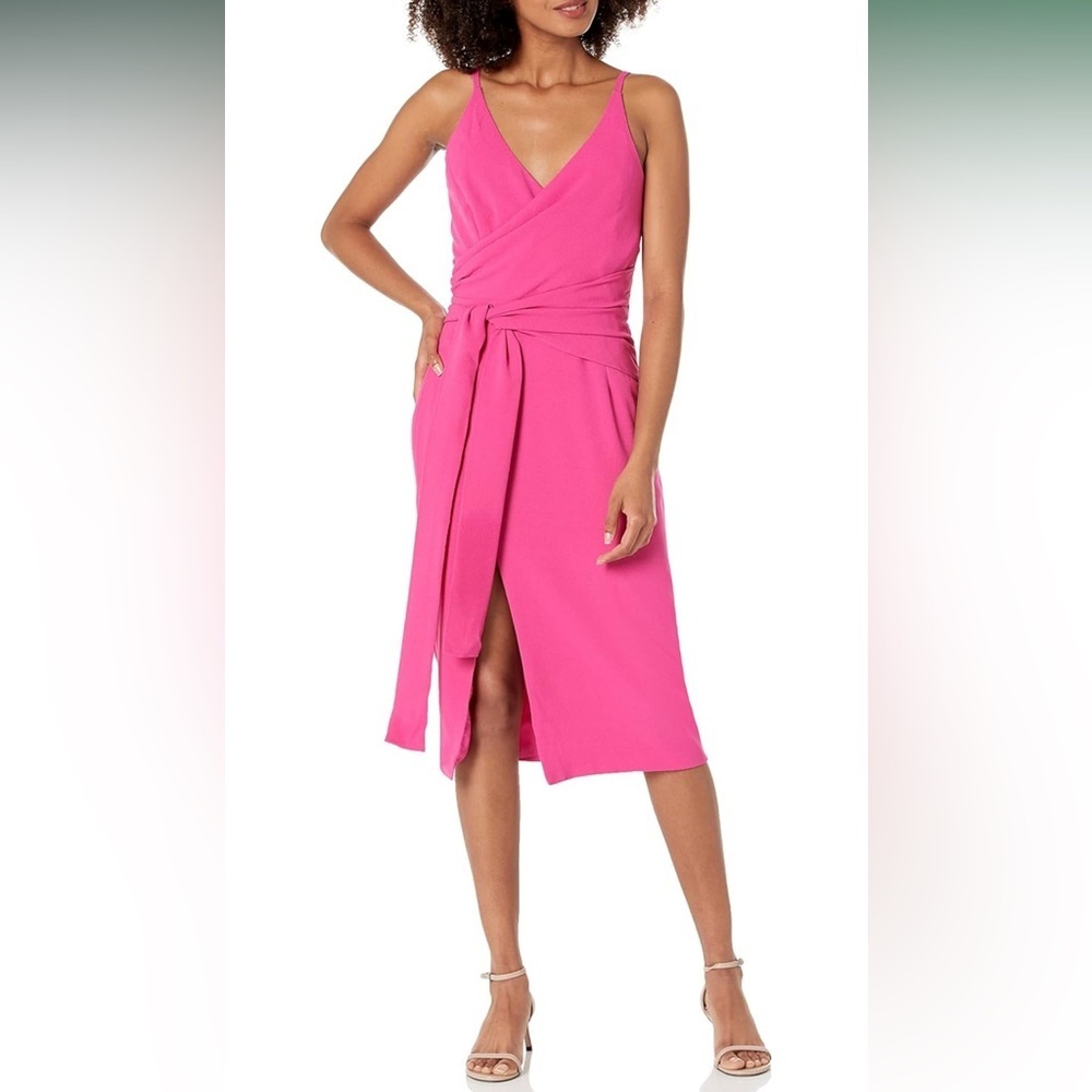Dress The Population Kiara faux wrap top bright fuscia crepe dress side slit XS
